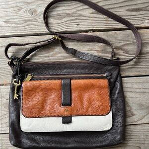 Fossil Leather Crossbody in Brown and Cream